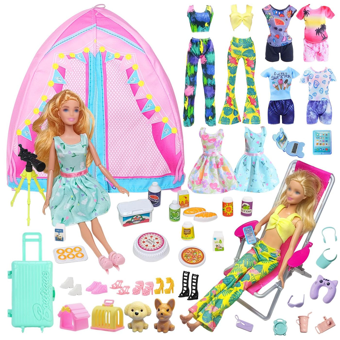 43 Kleidung Camping Sets Kompatibel mit Barbie 11.5inch Puppe, 1 Zelt 1 Liegestuhl 4 Oberteile 4 Hosen 1 Rock 1 Fernglas 1 Reisegepäck 24 Zubehör 6 Schuhe für 11,5 Zoll Puppe Mädchen Geschenk Zufällig