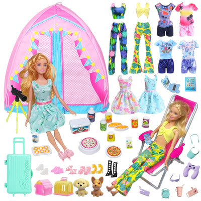 43 Kleidung Camping Sets Kompatibel mit Barbie 11.5inch Puppe, 1 Zelt 1 Liegestuhl 4 Oberteile 4 Hosen 1 Rock 1 Fernglas 1 Reisegepäck 24 Zubehör 6 Schuhe für 11,5 Zoll Puppe Mädchen Geschenk Zufällig