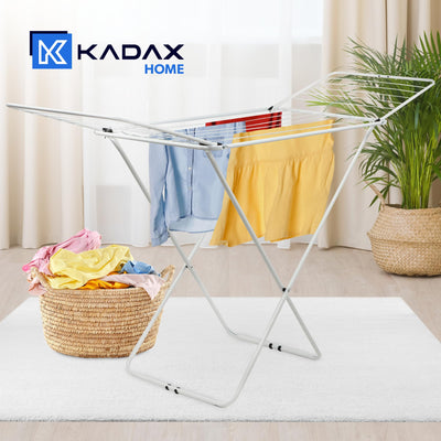 KADAX Wäscheflügeltrockner, Wäscheständer mit Flügeln, Trockenlänge 18m/23m, Luftstromwäscheständer aus pulverbeschichteten Stahl, klappbarer Trockner (Weiß/2-Flügel)