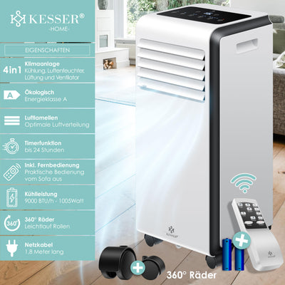 KESSER® Klimaanlage Mobiles Klimagerät 4in1 kühlen | Luftentfeuchter lüften | Ventilator 9000 BTU/h 1005W | Mobil Klima mit Montagematerial, Fernbedienung & Timer | Nachtmodus & 360° Rollen