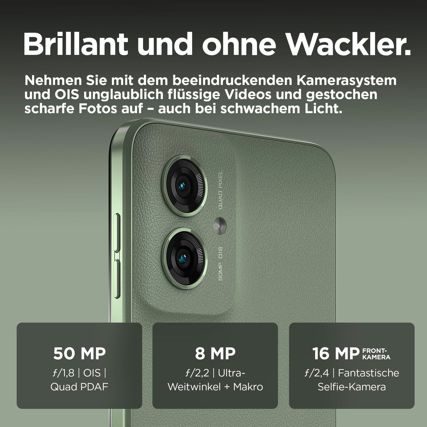 Motorola Moto g55 5G Smartphone (6,49"-FHD+-Display, 50-MP-Kamera, 8/256 GB, 5000 mAh, Android 14) Smoky Green (Veganes Kunstleder), inkl. Schutzcover [Exklusiv bei Amazon]