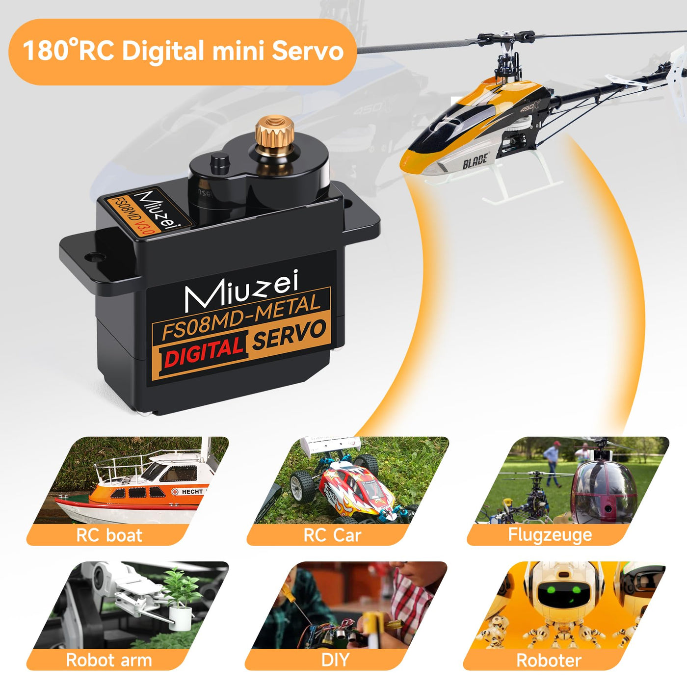 Miuzei Micro Servo Motor Kupfer Metallgetriebe Digital RC 180 Grad Mini Servomotor Lenkservo für SCX24 AX24 Arduino Roboter Arm 1/24 Car Boot mit Servokabel Horn Servo Mount Zubehör Schwarz 2 PCS