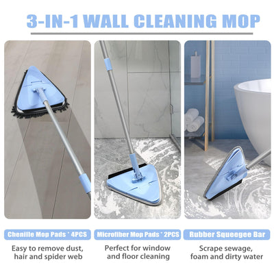 NEWE Rückenschonender Wand Mop mit 202 cm Langem Griff, 180° Klappbares Bodenwischer Wischmopp mit Rakel, Dreiecksmopp mit 4 Chenillepads und 2 Mikrofaserpads zum Waschen für Gemalte Wände, Decke