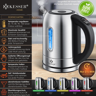 KESSER Wasserkocher 2200W Edelstahl 1,7L mit LED Beleuchtung-Farbe je nach Temperaturwahl 60, 70, 80, 90, 100 °C | Kalk-Filter | 2 Std Warmhaltefunktion