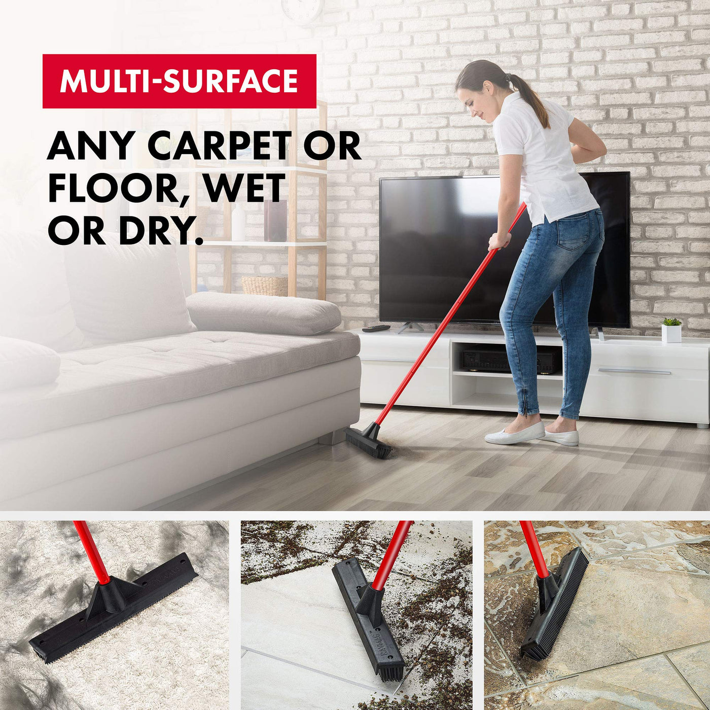 Tyroler Gummibesen & Bodenabzieher | Kehrbesen-Kopf aus 100% Naturkautschuk 33 cm | Besen mit Stiel und 140 cm Anti-Rost-Griff | Gummibesen mit Abzieher | Gummibesen mit Stiel | Gummibesen Tierhaare