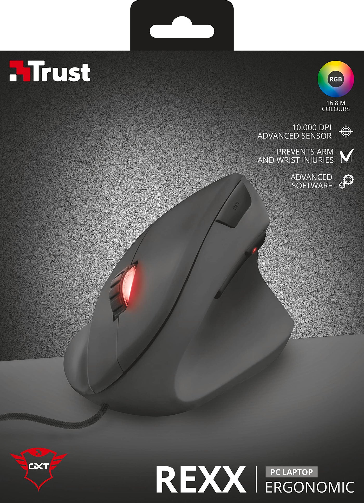 Trust Gaming GXT 144 Rexx Vertikale Gaming Maus, 10.000 DPI, 6-programmierbare Tasten, RGB LED-Beleuchtung, Ergonomisches Design Vorbeugung Gegen Mausarm/Tennisarm (RSI Syndrom) - Schwarz