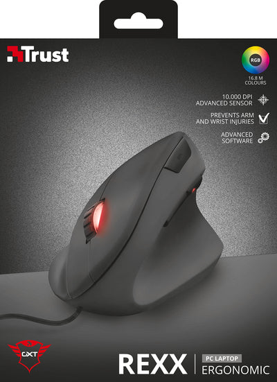 Trust Gaming GXT 144 Rexx Vertikale Gaming Maus, 10.000 DPI, 6-programmierbare Tasten, RGB LED-Beleuchtung, Ergonomisches Design Vorbeugung Gegen Mausarm/Tennisarm (RSI Syndrom) - Schwarz