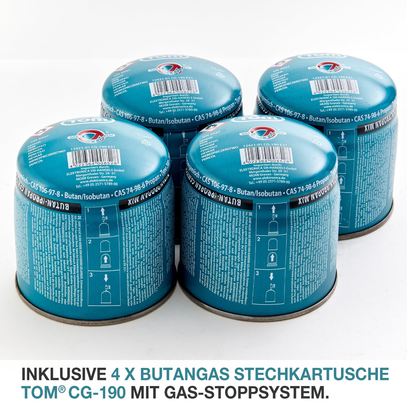 TOM Gas-Lötbrenner im Set – inkl. 4 x 190 g Universal Gaskartuschen – 1300°C – Lötlampe zum Weich- oder Hartlöten – Piezozündung – Bunsenbrenner Gasbrenner (Lötbrenner mit 4 Gaskartuschen)