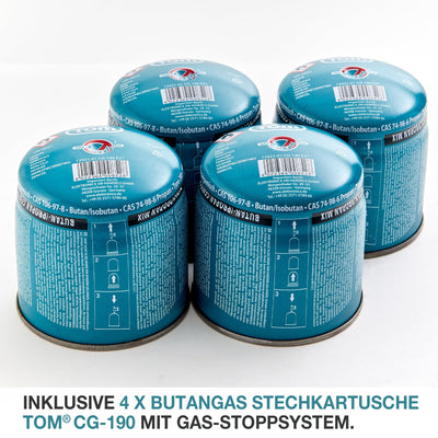 TOM Gas-Lötbrenner im Set – inkl. 4 x 190 g Universal Gaskartuschen – 1300°C – Lötlampe zum Weich- oder Hartlöten – Piezozündung – Bunsenbrenner Gasbrenner (Lötbrenner mit 4 Gaskartuschen)
