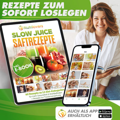 Nutrilovers Slow Juicer Entsafter Obst und Gemüse - Deutsche Marke - Kompaktes Design Edelstahl, 100% BPA-frei, Leichte Reinigung - Inkl. Rezepte-Ebook + Nutri-App
