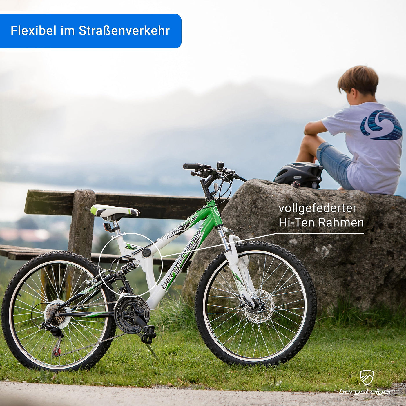 Bergsteiger Montreal 20, 24 Zoll Kinderfahrrad, geeignet für 6,7, 8, 9, 10, 11, 12, 13 Jahre, 18 Gang-Schaltung, Mountainbike mit Vollfederung, Jungen-Fahrrad, Mädchen-Fahrrad