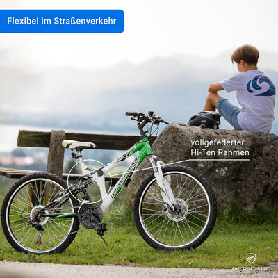 Bergsteiger Montreal 20, 24 Zoll Kinderfahrrad, geeignet für 6,7, 8, 9, 10, 11, 12, 13 Jahre, 18 Gang-Schaltung, Mountainbike mit Vollfederung, Jungen-Fahrrad, Mädchen-Fahrrad