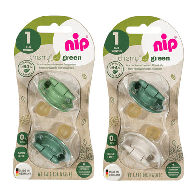 nip Cherry Schnuller, flacher Sauger in Kirschform aus Naturkautschuk, stillfreundlich, BPA-frei, nachhaltig, 0-6 Monate, 4 St., hellgrün/grün/beige