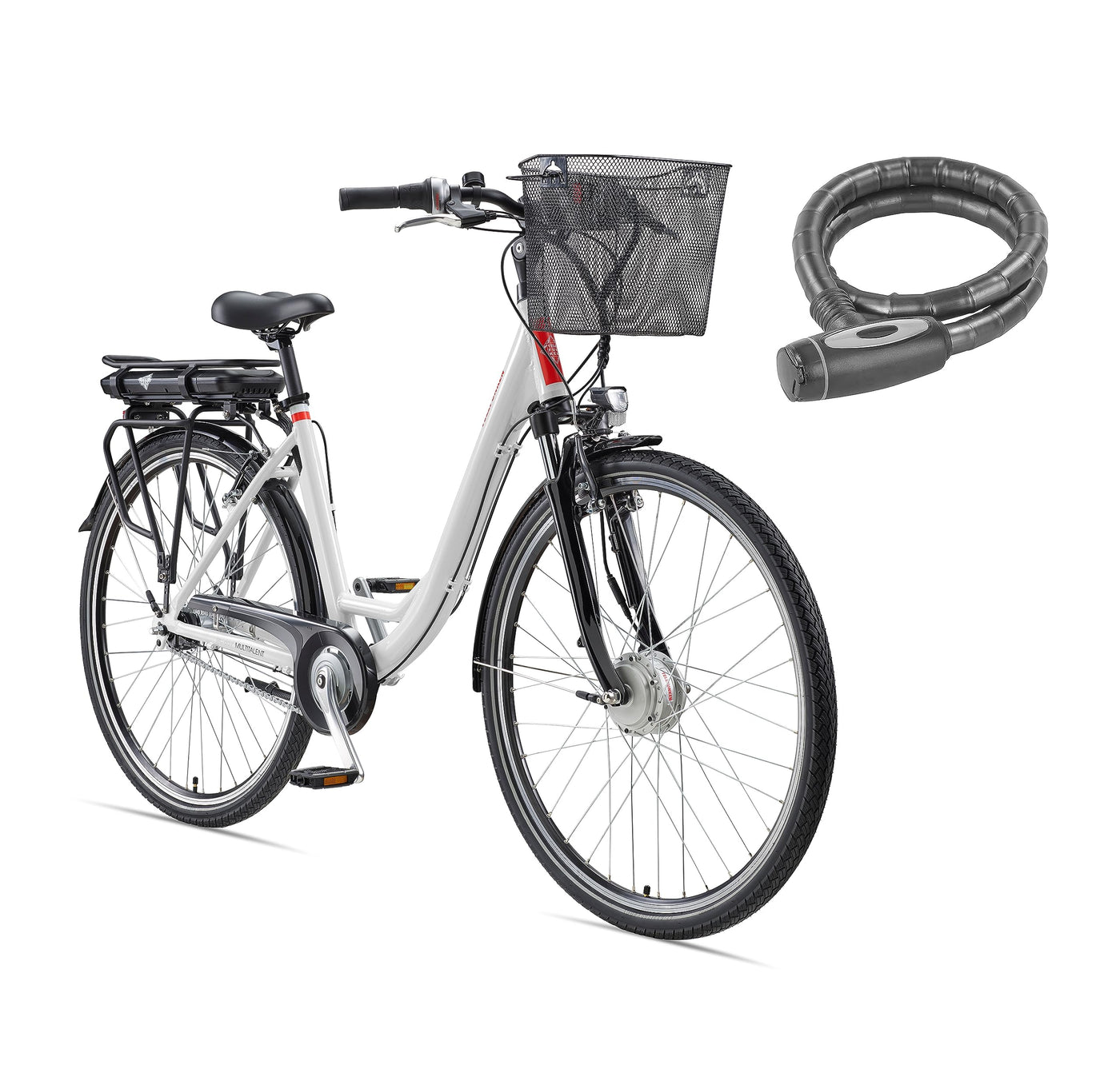 TELEFUNKEN E-Bike 28 Zoll Elektrofahrrad Alu mit 7-Gang Shimano Nabenschaltung, Pedelec Citybike mit Fahrradkorb, 250W und 13Ah, 36V Lithium-Ionen-Akku Multitalent weiß + ‎Sekura Fahrradschloss