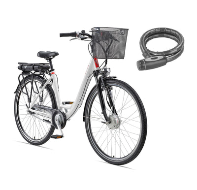 TELEFUNKEN E-Bike 28 Zoll Elektrofahrrad Alu mit 7-Gang Shimano Nabenschaltung, Pedelec Citybike mit Fahrradkorb, 250W und 13Ah, 36V Lithium-Ionen-Akku Multitalent weiß + ‎Sekura Fahrradschloss