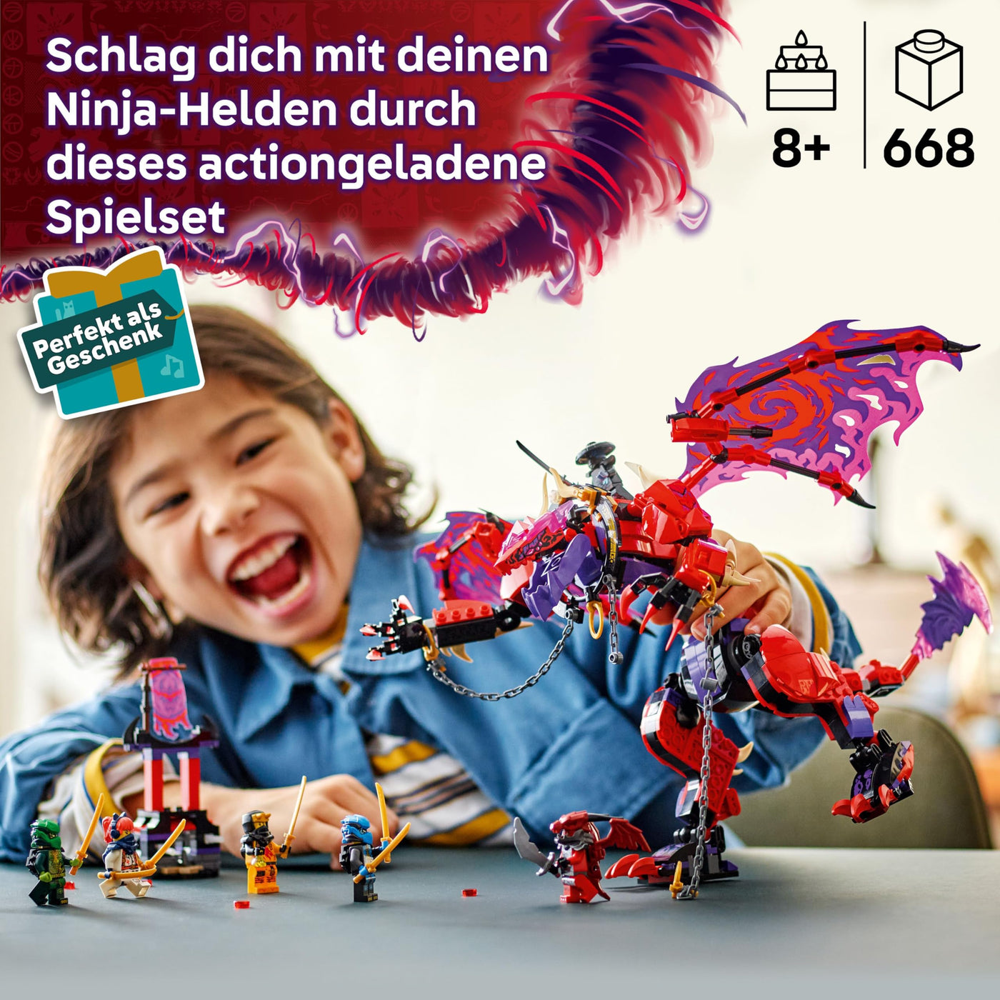 LEGO NINJAGO Chaosdrache Donnerzahn – Bewegliche Actionfigur mit 6 Minifiguren (Lloyd, NYA, Arin und Sora) – Kreatives Spielzeug zu Weihnachten für Kinder ab 8 Jahren – 71832