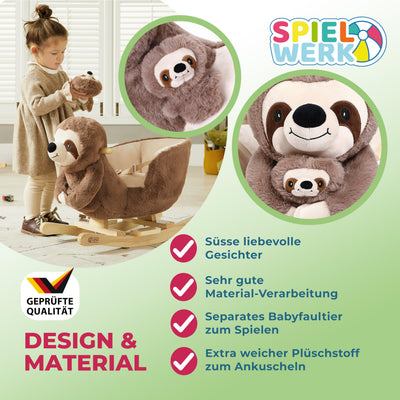 Spielwerk® Schaukeltier Faultier mit Babyfaultier inkl. Sound Effekt Sicherheitsgurt Plüsch Schaukel Wippe Kinder Baby Spielzeug Balancetraining besonders weich Schaukelpferd