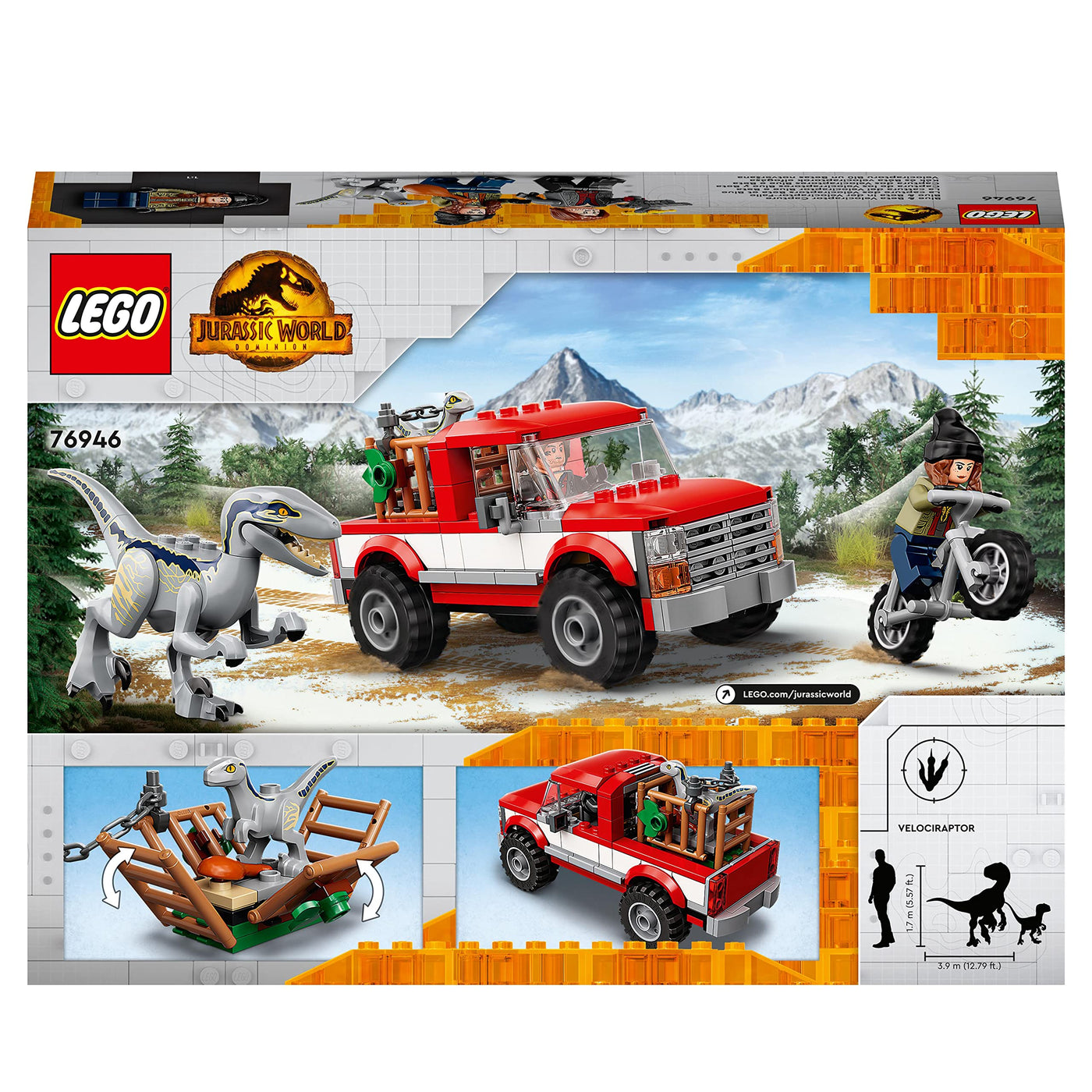 LEGO Jurassic World Blue & Beta in der Velociraptor-Falle, Spielzeugauto mit Dinosaurier Figuren, Geschenk für Kinder ab 6 Jahren 76946