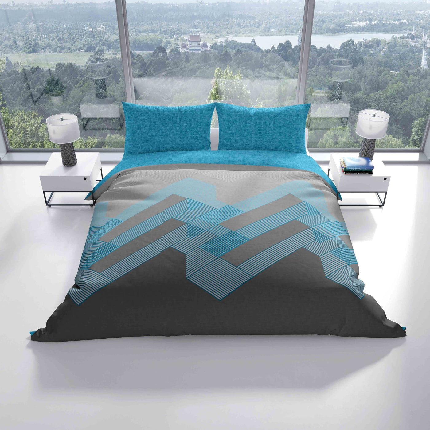 Leonado Vicenti Bettwäsche Baumwolle Set Grau Türkis Geometrisch modern Deckenbezug Kissenbezug mit Reißverschluss, 135x200 cm, 2teilig