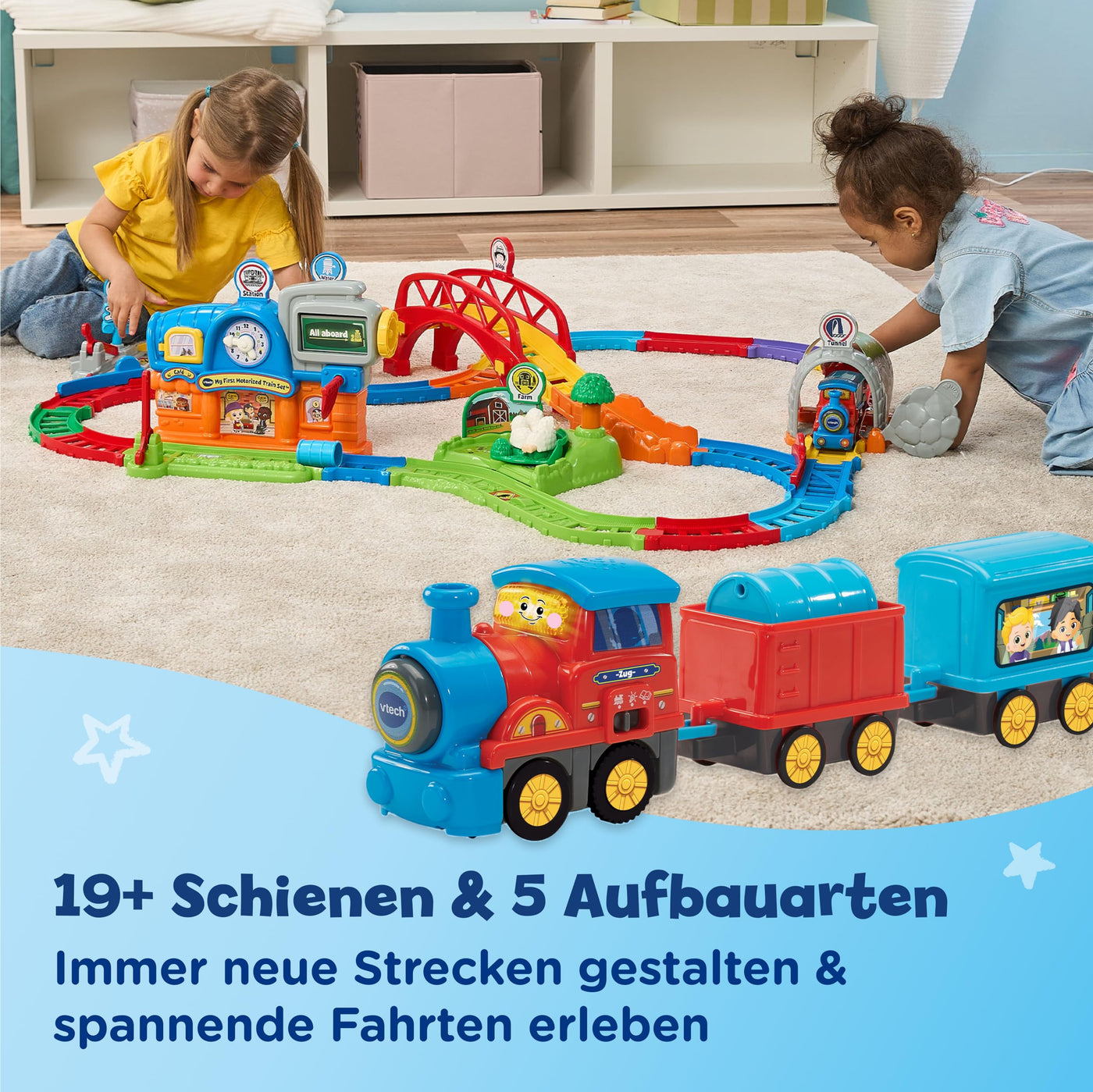 VTech TUT TUT Baby Flitzer – Bunter Bahnhof | Interaktives Spielset mit motorisiertem Zug, 2 Waggons, 70+ Melodien & Geräuschen, 19+ Schienen & 6 Spielbereichen, ab 1 Jahr