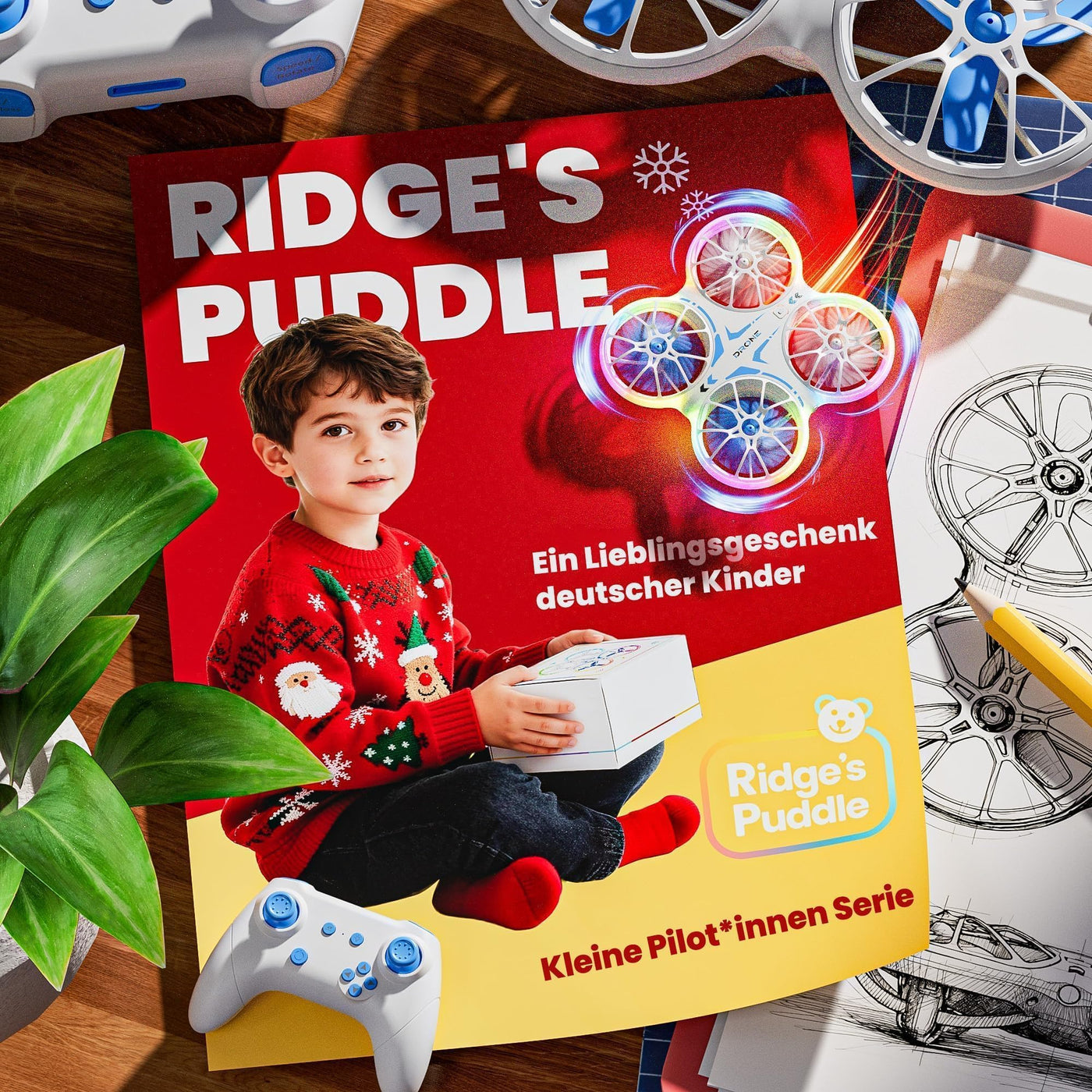 Ridge's Puddle Mini Drohne für Kinder - Geschenke Junge RC Flugzeug Drone Kinder mit LED Lichter Spielzeug ab 6 7 8 9 10 Jahre Jungen Mädchen 2 Batterien