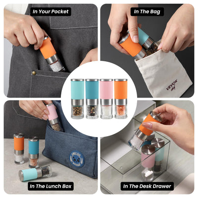 Vevok Chef Mini Salz- und Pfeffer-Mühlen Set 4tlg Gewürzmühle Klein und Verstellbares Keramik-Mahlwerk Salz Pfeffer-Streuer für Küche Camping Geschenk