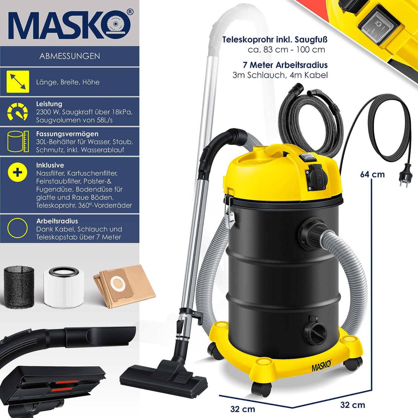MASKO® 6IN1 Industriestaubsauger Staubsauger Nass Trocken Sauge Aschesauger 2300W + Steckdose✓ Blasfunktion ✓ Trocken-Saugen & Nass-Saugen | Industrie-Sauger mit & ohne Beutel | beutellos, Gelb