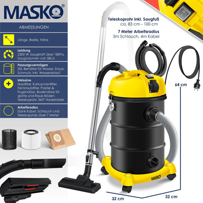 MASKO® 6IN1 Industriestaubsauger Staubsauger Nass Trocken Sauge Aschesauger 2300W + Steckdose✓ Blasfunktion ✓ Trocken-Saugen & Nass-Saugen | Industrie-Sauger mit & ohne Beutel | beutellos, Gelb