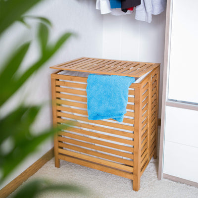 Relaxdays Wäschetruhe, Bambus, HxBxT: 60 x 50,5 x 35,5 cm, herausnehmbarer Wäschesack, Volumen 100 l, Wäschekorb, natur