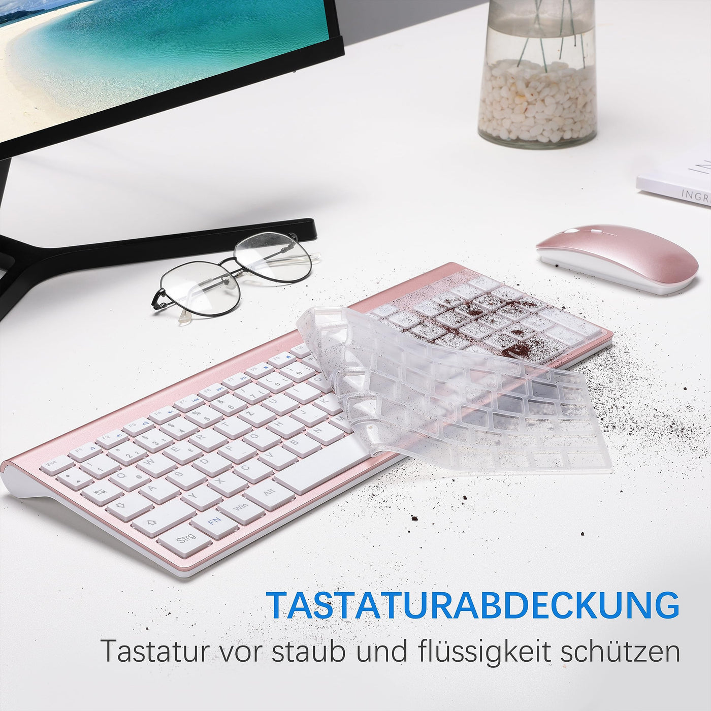 Tastatur Maus Set Ultra Slim, TopMate 2,4G Stille Compact USB 2400DPI Maus und Schissschalter Tastatur mit Abdeckung, mit 2 AA & 2 AAA Batterien für PC/Laptop/Windows/Mac-Rose Gold Weiß