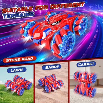 Kssvzz Spider Ferngesteuertes Auto ab 3-10 Jahre, 2.4GHz Doppelseitig RC Auto mit USB-C Wiederaufladbarer Akku/360°-Drehung/Kühles Licht, 4WD RC Car Spielzeug ab 3 4 5 6 7 8 9 Jahre Junge