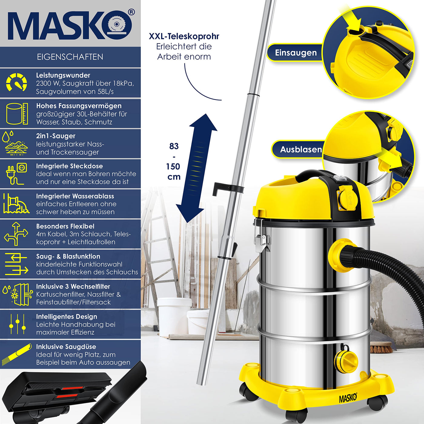 MASKO® Industriestaubsauger Staubsauger Nass Trocken Sauger Edelstahl 2300W + Steckdose | Blasfunktion | Trocken-Saugen & Nass-Saugen | Push&Clean | Industrie-Sauger mit & ohne Beutel | beutellos