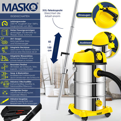 MASKO® Industriestaubsauger Staubsauger Nass Trocken Sauger Edelstahl 2300W + Steckdose | Blasfunktion | Trocken-Saugen & Nass-Saugen | Push&Clean | Industrie-Sauger mit & ohne Beutel | beutellos