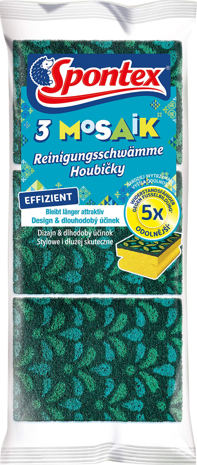 Spontex Reinigungsschwamm Mosaik, Scheuerschwamm mit Anti-Fussel-Technologie und praktischer Griffleiste, Farbe nicht frei wählbar, 3er Pack