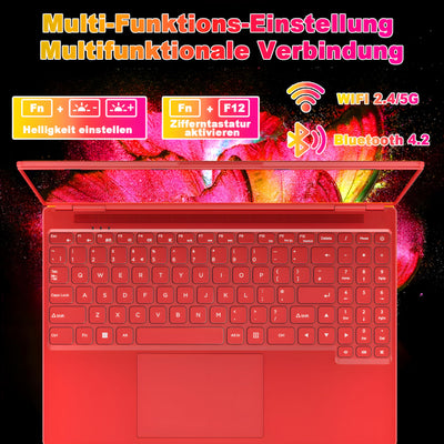 2025 Gaming Laptop 16 Zoll Win11 12+512GB SSD Unterstützung 2TB(HDD-2TB) 1920x1200 Notebook 4-Core Celeron N5095 (bis 2.9GHz) Laptop mit Nummerntastatur WiFi Mini HDMI Deutscher Tastaturschutz-Rot