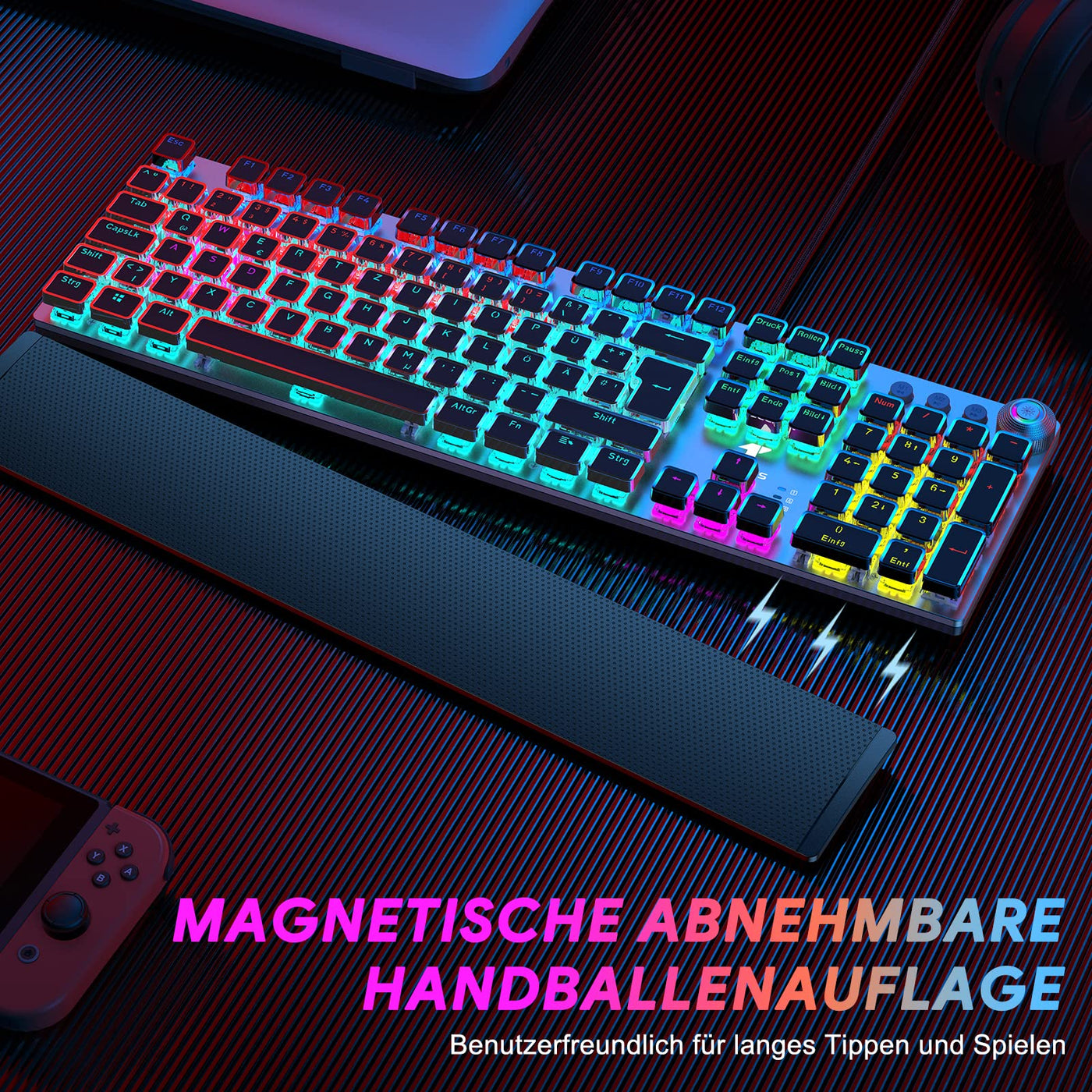 TECURS Mechanische Gaming Tastatur - QWERTZ Mechanical Keyboard mit Magnetische Handgelenkauflage, Multimedia-Tasten, 105 Tasten Kabelgebundene Rote Schalter Tastatur für PC/PS5/PS4, 19 LED Modi
