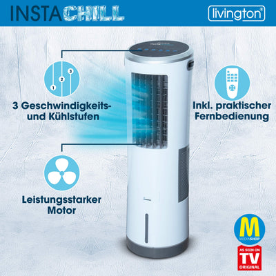 Livington InstaChill – Kühler mit Wasserkühlung – mobiler Luftkühler mit 3 Kühlstufen – Kühlgerät ohne Abluftschlauch für 12h Kühlung dank 8,5 L Tank