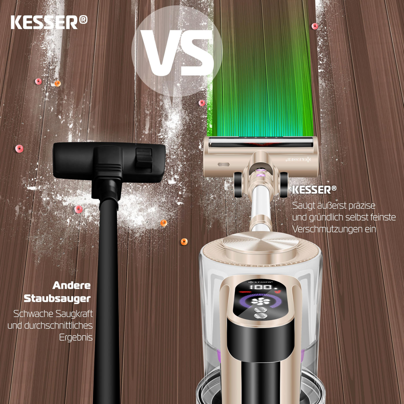 KESSER® Akku-Staubsauger 2in1 | Handstaubsauger ohne Beutel mit HEPA-Filter | Akkusauger bis 45 Min. Laufzeit + Fugendüse & Staubbürste | LED-Licht XL Staubbehälter für Hartböden Teppich Tierhaare