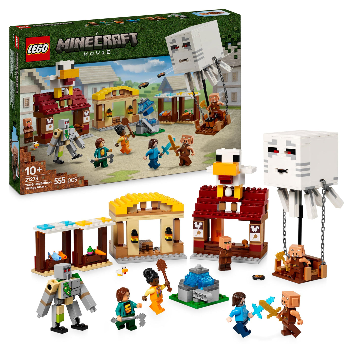LEGO Minecraft Angriff des Ghast-Ballons - Gaming Spielzeug - Steves Haus, 4 Minifiguren - Iron Golem Figur & explodierender Brunnen Funktion - Geschenk für Jungen, Mädchen & Fans ab 10 Jahren - 21273