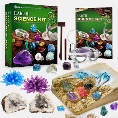 Japace Ausgrabungsset für Kinder, STEM Wissenschaft Spielzeug Edelsteine Ausgraben, Geoden Zum Aufbrechen Set, Kristalle Züchten Kit Geschenke Jungen Mädchen schürfen Hammer