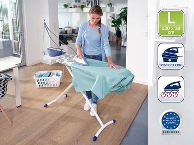 Leifheit Bügelbrett Air Board Express L Solid ideal für eine Dampfstation, Bügeltisch mit Baumwollbezug, Dampfbügelbrett mit ultraleichter Bügelfläche