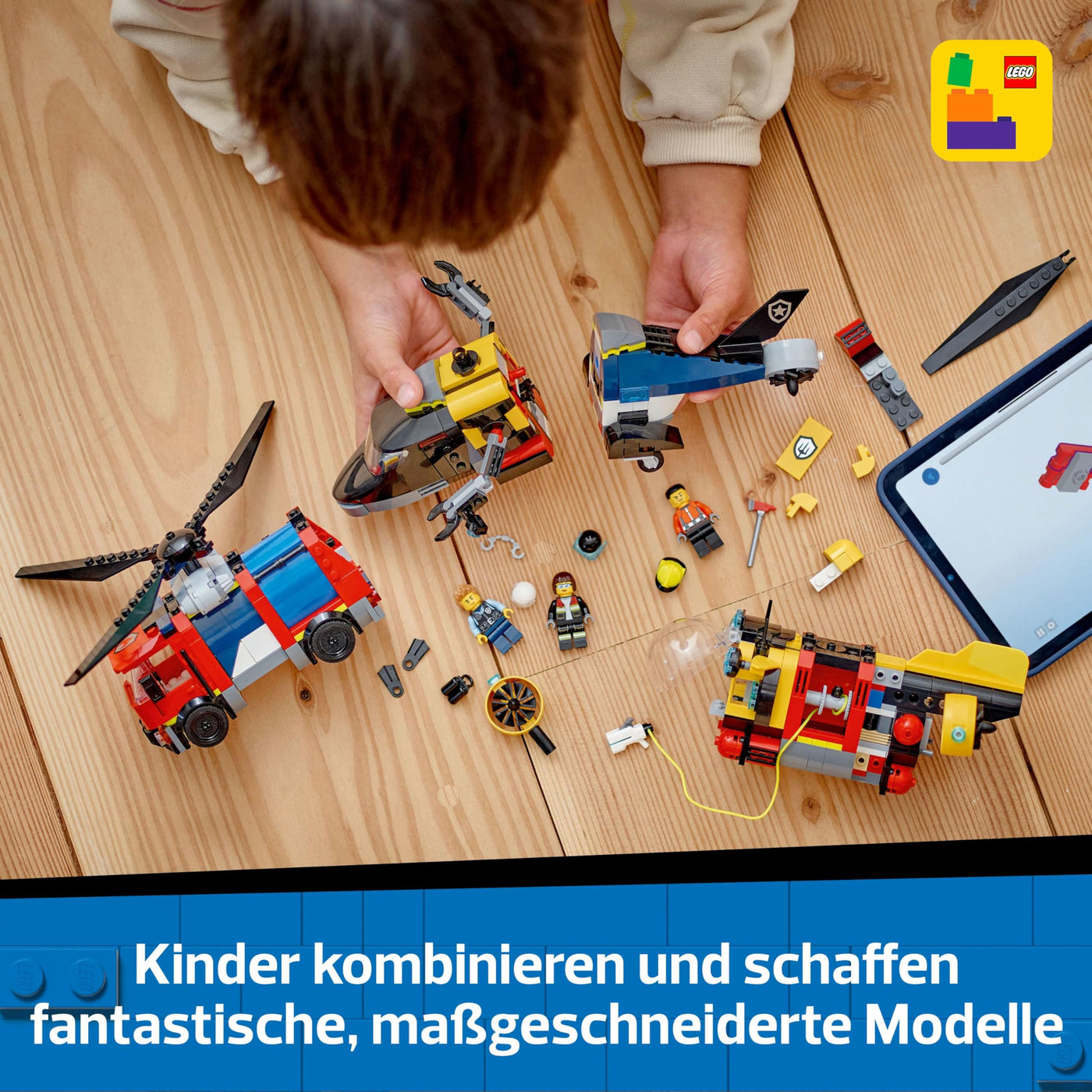 LEGO City Kombinationsset mit Hubschrauber, Löschauto und U-Boot und 3 Minifiguren - Baubare Spielzeug Fahrzeuge für Jungen und Mädchen ab 7 Jahren - Geschenk zum Geburtstag & für die Feiertage 60462
