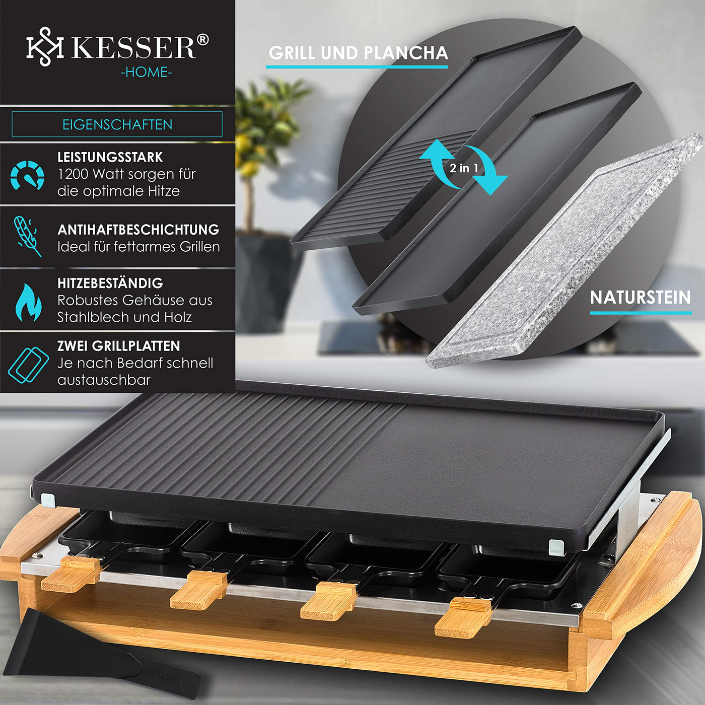 KESSER® Raclette-Grill mit Naturgrillstein, Grillplatte Tischgrill für 8 Personen, Elektrogrill Raclette Grill antihaftbeschichteter Grillplatte, 8 Pfannen und Holzspatel 1200W