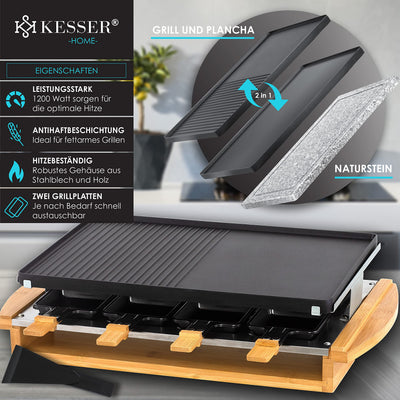 KESSER® Raclette-Grill mit Naturgrillstein, Grillplatte Tischgrill für 8 Personen, Elektrogrill Raclette Grill antihaftbeschichteter Grillplatte, 8 Pfannen und Holzspatel 1200W