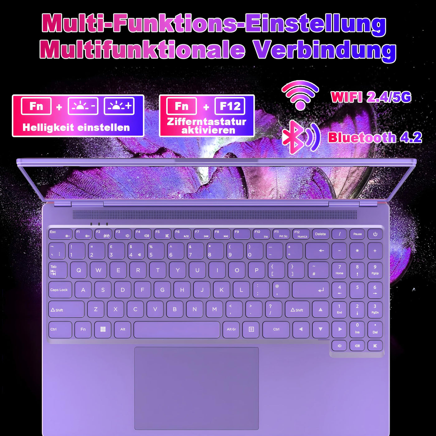 2025 Gaming Laptop 16 Zoll Win11 12+512GB SSD Unterstützung 2TB(HDD-2TB) 1920x1200 Notebook 4-Core Celeron N5095 (bis 2.9GHz) Laptop mit Nummerntastatur WiFi Mini HDMI Deutscher Tastaturschutz-Lila
