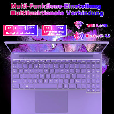 2025 Gaming Laptop 16 Zoll Win11 12+512GB SSD Unterstützung 2TB(HDD-2TB) 1920x1200 Notebook 4-Core Celeron N5095 (bis 2.9GHz) Laptop mit Nummerntastatur WiFi Mini HDMI Deutscher Tastaturschutz-Lila