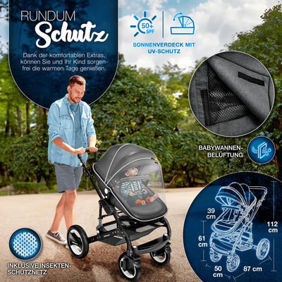 KIDUKU® 3 in 1 Kinderwagen Komplettset | Kombikinderwagen Set inkl. Babywanne & Buggy Sportsitz & Auto-Babyschale Fußsack | Vollgummireifen Wickeltasche Handwärmer Regenschutz Kindertisch ECE R129