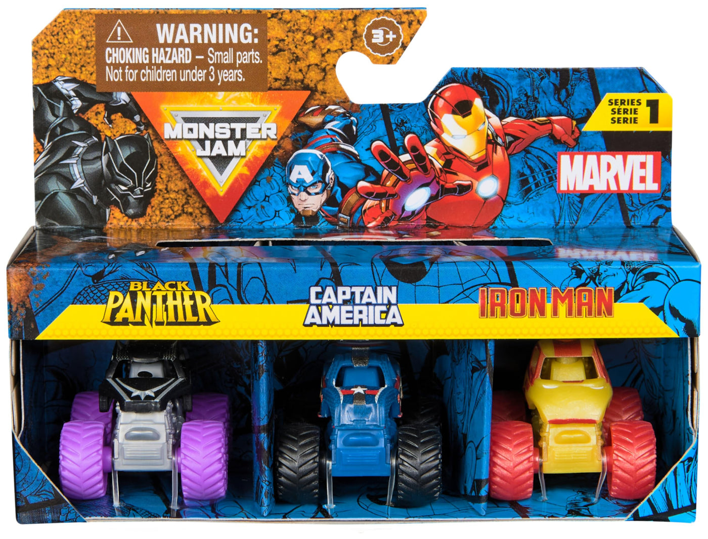 Monster Jam Marvel - Mini-Truck 3er-Set mit Black Panther, Captain America, Iron Man, Maßstab 1:87, robust und mit coolen Details, für monstermäßige Superhelden-Action an jedem Ort, ab 3 Jahren