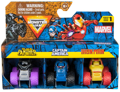 Monster Jam Marvel - Mini-Truck 3er-Set mit Black Panther, Captain America, Iron Man, Maßstab 1:87, robust und mit coolen Details, für monstermäßige Superhelden-Action an jedem Ort, ab 3 Jahren