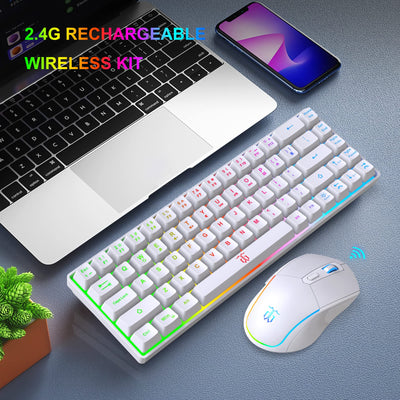 Snpurdiri 60% Tastatur Maus Set Kabellos, LED-Beleuchtung, wiederaufladbare 2000mAh Batterie Small Mini 60 Prozent Wireless Gaming Combo, Ergonomisches Design 6D 3200DPI Maus (Weiß)